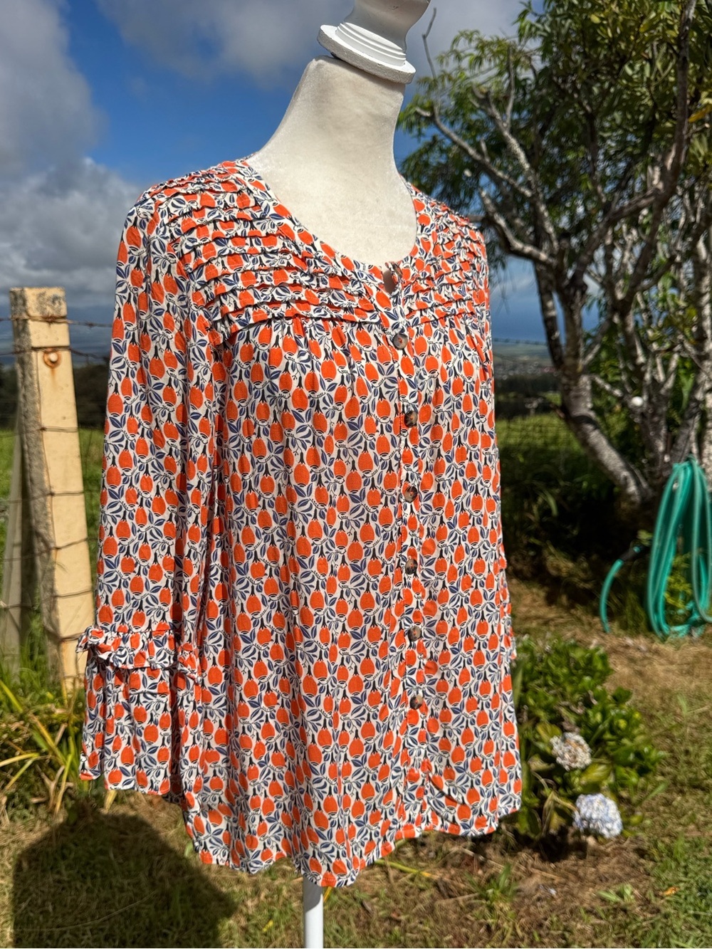 Anthropologie Maeve Berwick Orange Print Ruffle Sleeve Button Down Blouse - S - Picture 5 of 7